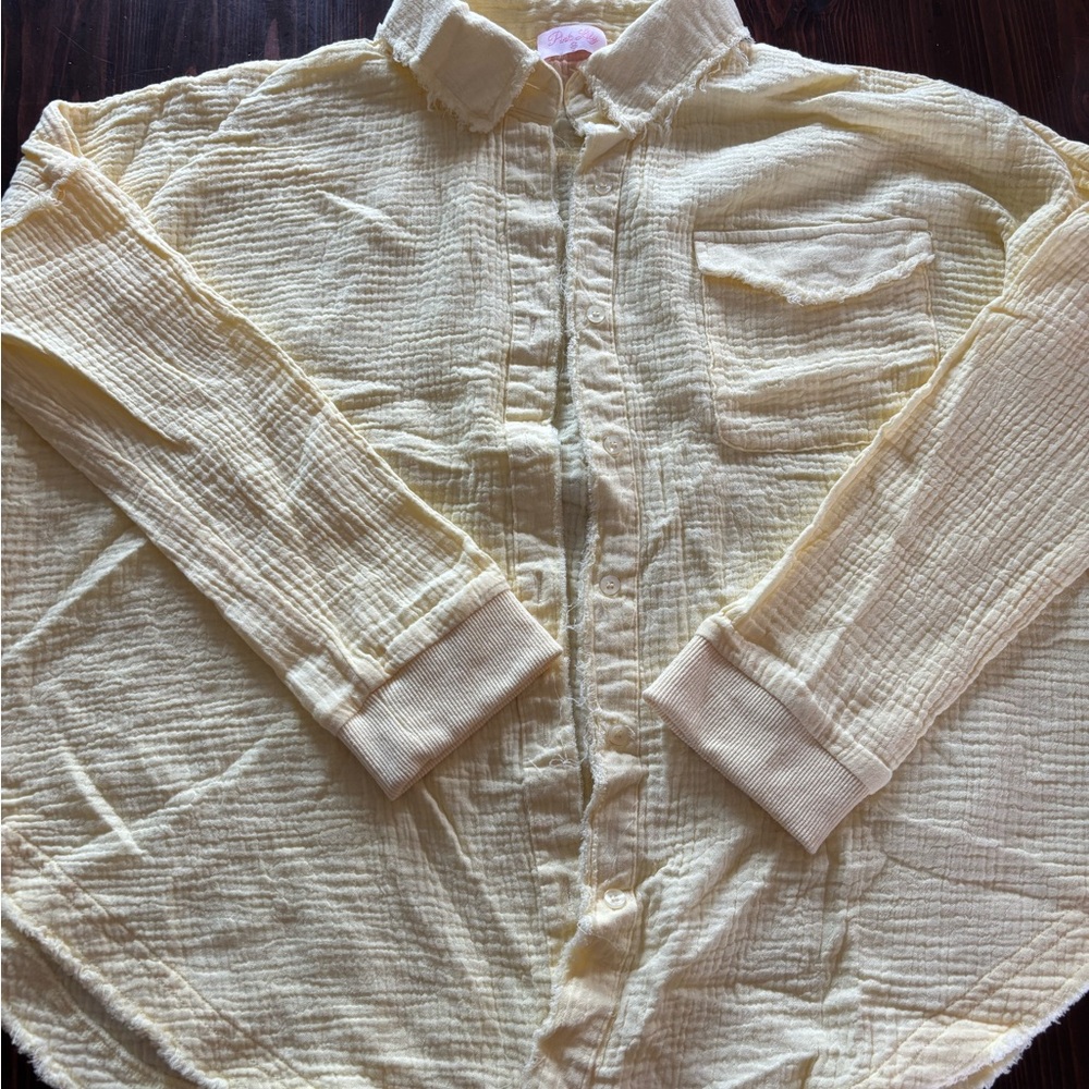 Pink Lily Pale Yellow Textured Button-Up Swim Coverup